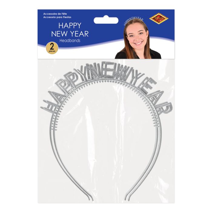 24 Pack Bulk Silver Happy New Year Headbands