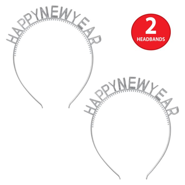 24 Pack Bulk Silver Happy New Year Headbands