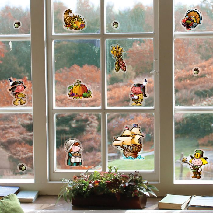 12 Pack Bulk Thanksgiving Pilgrim Window Clings - view 2