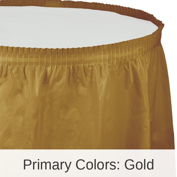 6/Case Bulk Glittering Gold Plastic Tableskirt 29 inch x 14 ft