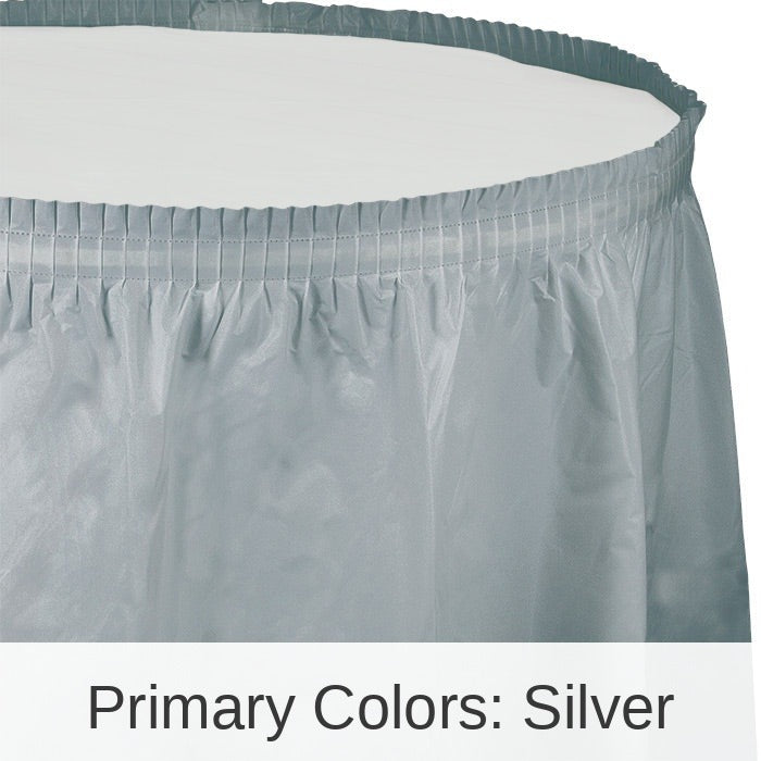6/Case Bulk Shimmering Silver Plastic Tableskirt 29 inch x 14 ft