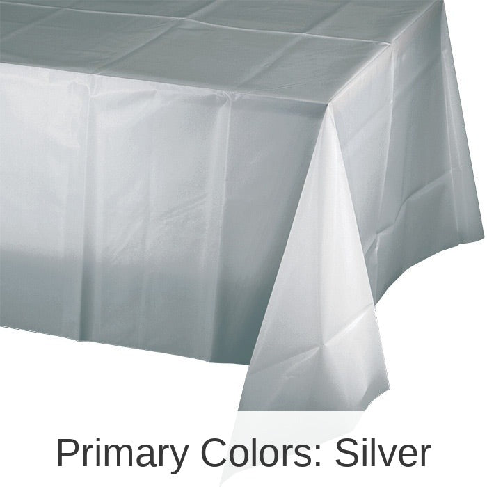 12/Case Bulk Shimmering Silver Plastic Table Covers 54 inch x 108 inch
