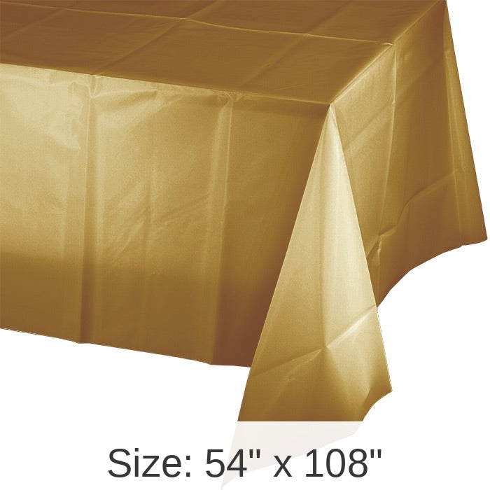 12/Case Bulk Glittering Gold Plastic Table Covers 54 inch x 108 inch