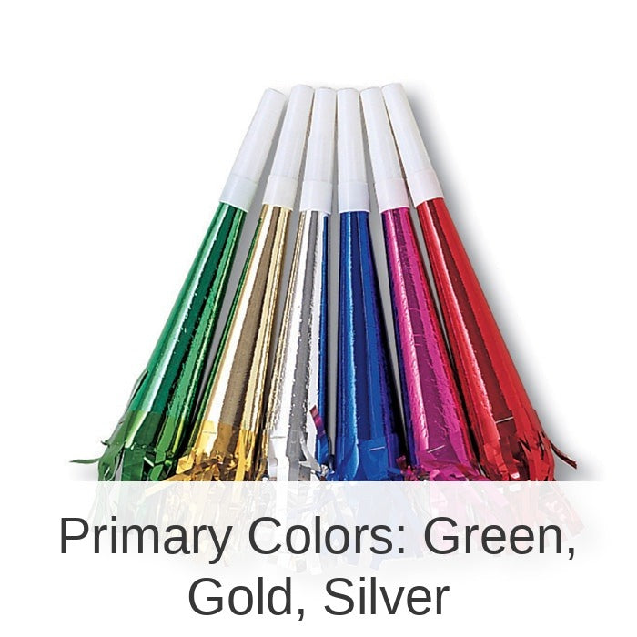 96/Case Bulk Assorted Foil Party Horns with Fringe