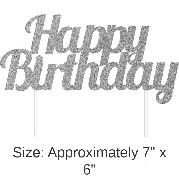 12/Case Bulk Silver Glitter Happy Birthday Cake Toppers