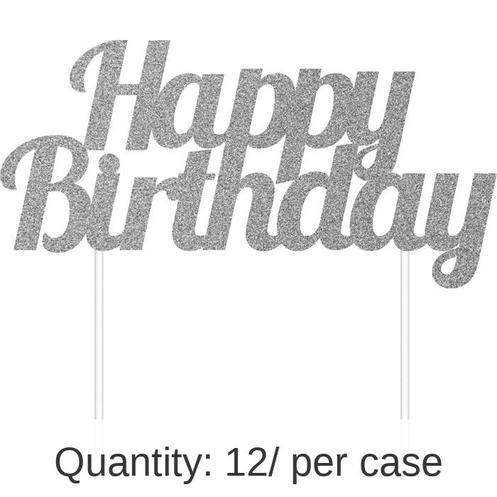 12/Case Bulk Silver Glitter Happy Birthday Cake Toppers