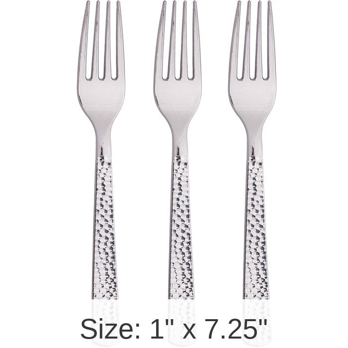 288/Case Bulk Silver Metallic Hammered Plastic Forks