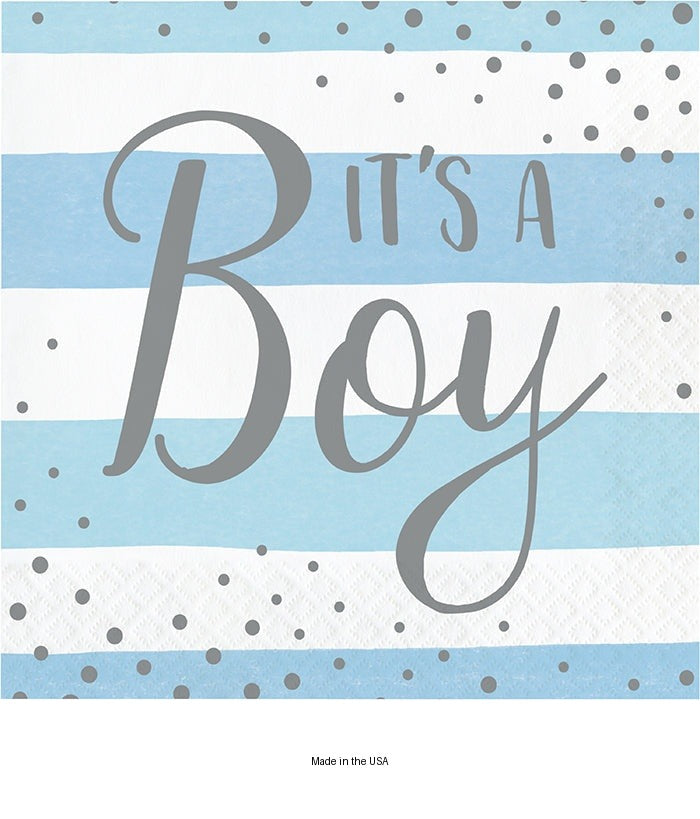 192/Case Bulk Blue and Silver Celebration It's a Boy Luncheon Napkins