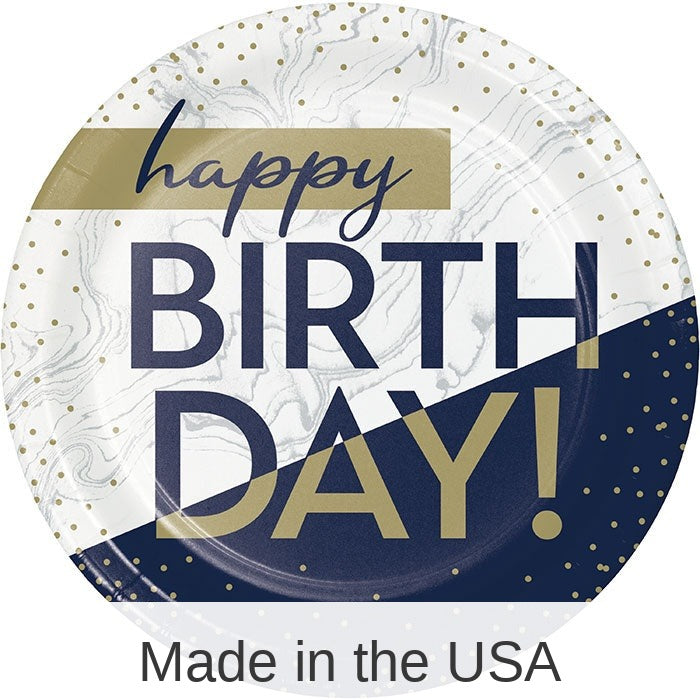 96/Case Bulk Navy and Gold Birthday Dinner Plates