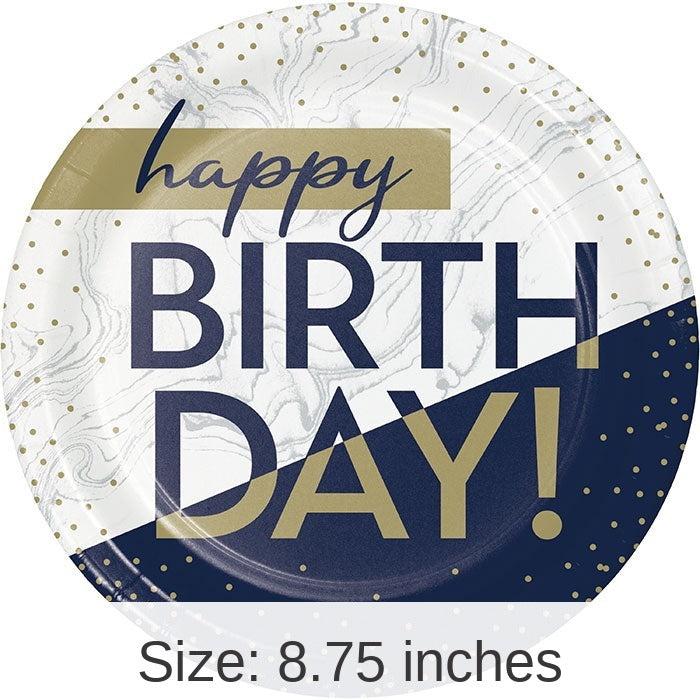 96/Case Bulk Navy and Gold Birthday Dinner Plates