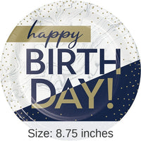 96/Case Bulk Navy and Gold Birthday Dinner Plates