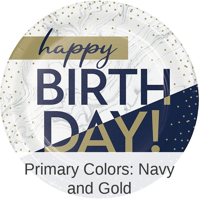 96/Case Bulk Navy and Gold Birthday Dinner Plates