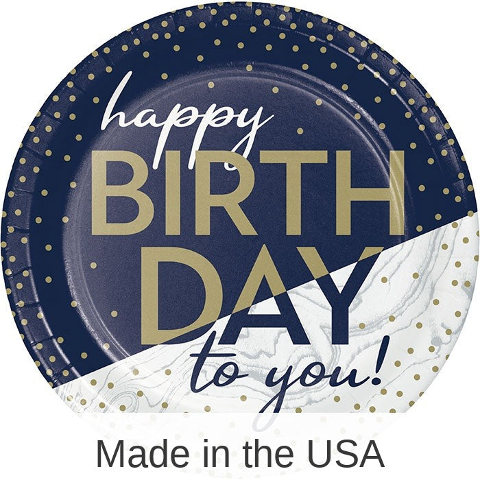 96/Case Bulk Navy and Gold Birthday Dessert Plates