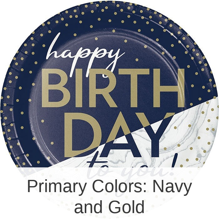 96/Case Bulk Navy and Gold Birthday Dessert Plates