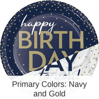 96/Case Bulk Navy and Gold Birthday Dessert Plates