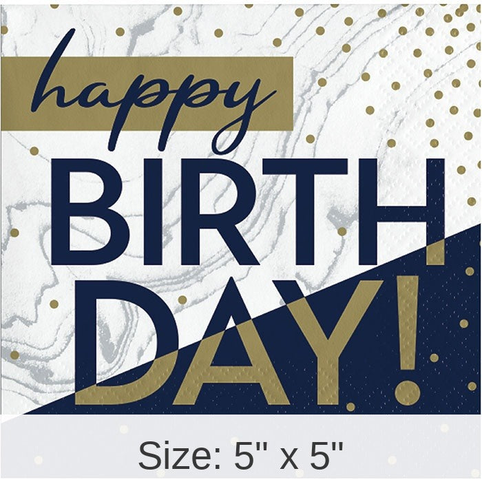 192/Case Bulk Navy and Gold Birthday Beverage Napkins