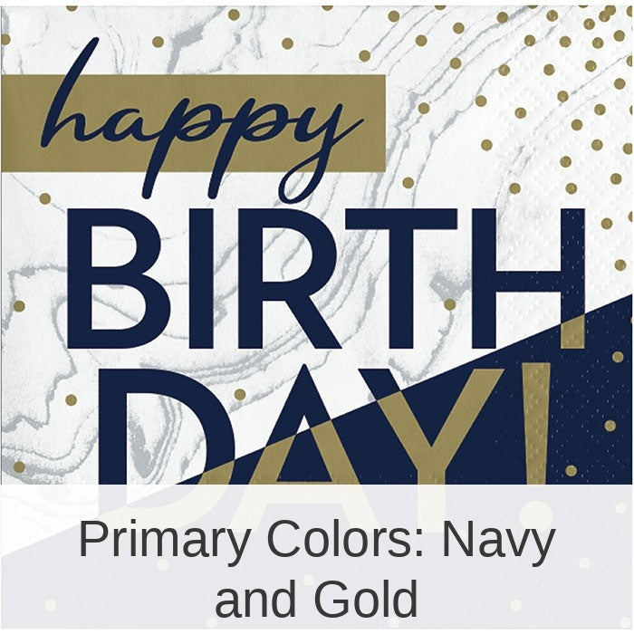 192/Case Bulk Navy and Gold Birthday Beverage Napkins