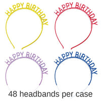 48/Case Bulk Assorted Colors Happy Birthday Headbands with Glitter
