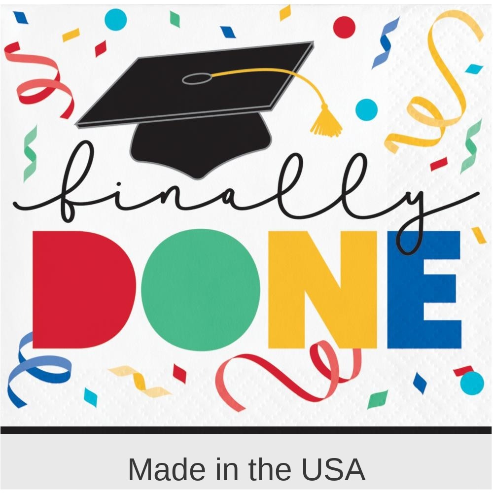 192/Case Bulk Grad Cap Toss 2 Ply "Finally Done" Beverage Napkin