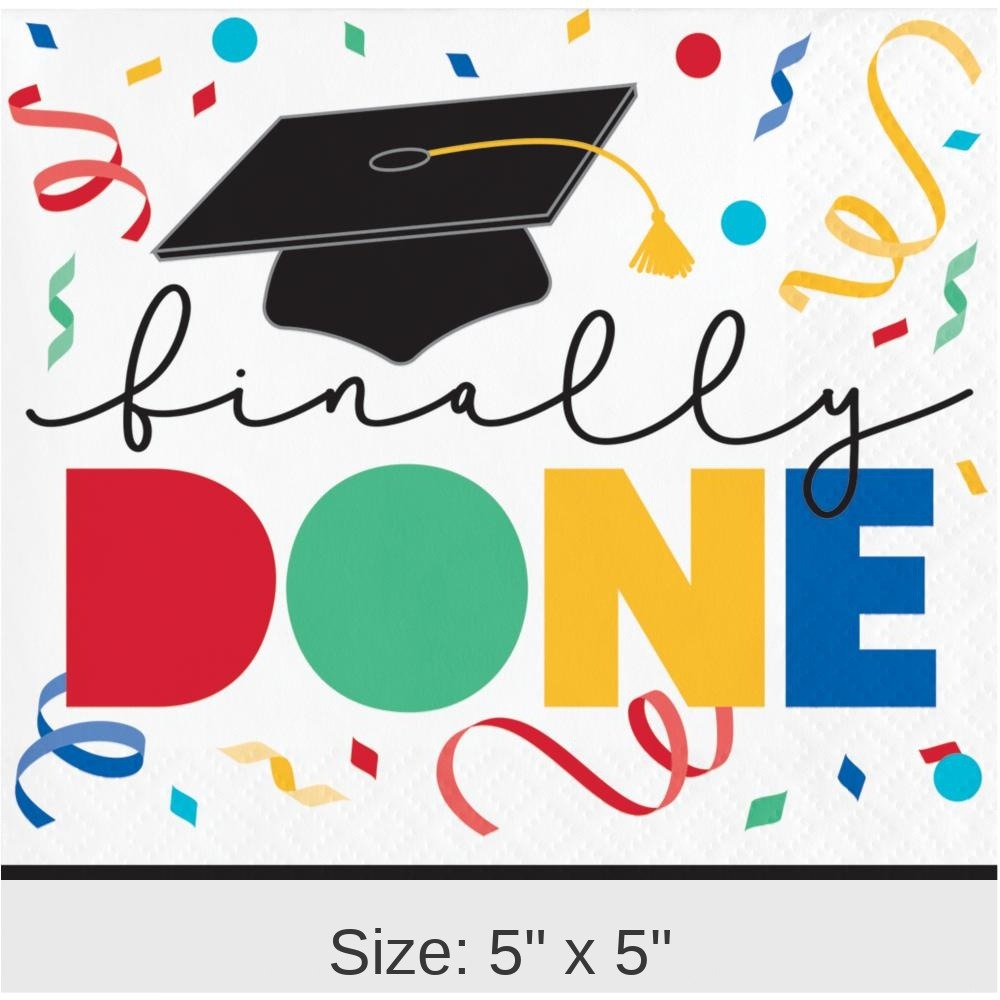 192/Case Bulk Grad Cap Toss 2 Ply "Finally Done" Beverage Napkin
