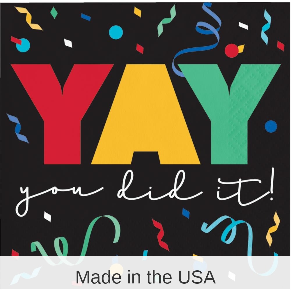 192/Case Bulk Grad Cap Toss 2 Ply "Yay" Beverage Napkin