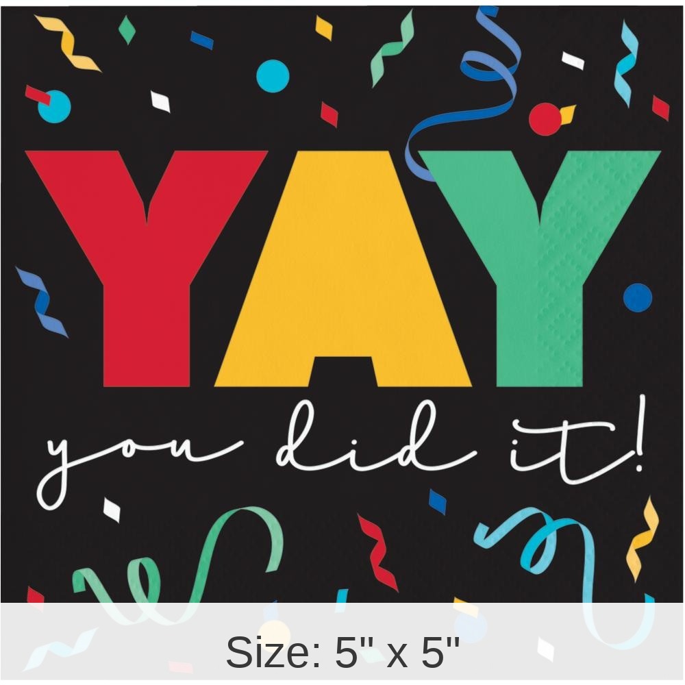 192/Case Bulk Grad Cap Toss 2 Ply "Yay" Beverage Napkin