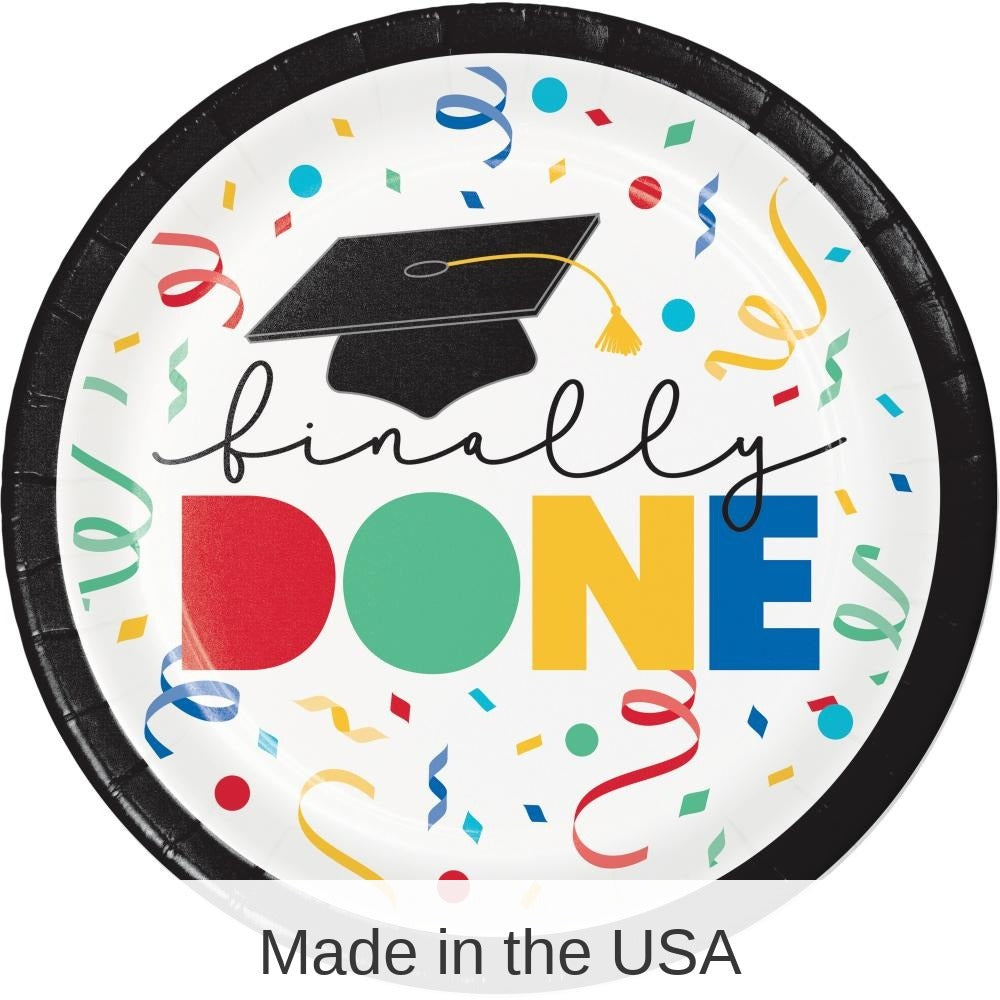 96/Case Bulk Grad Cap Toss "Done" Paper 6.75" Dessert Plate