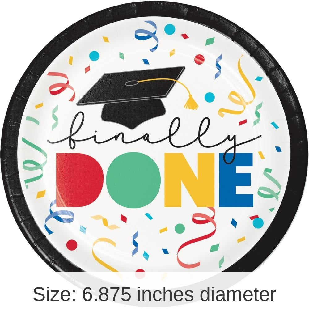 96/Case Bulk Grad Cap Toss "Done" Paper 6.75" Dessert Plate