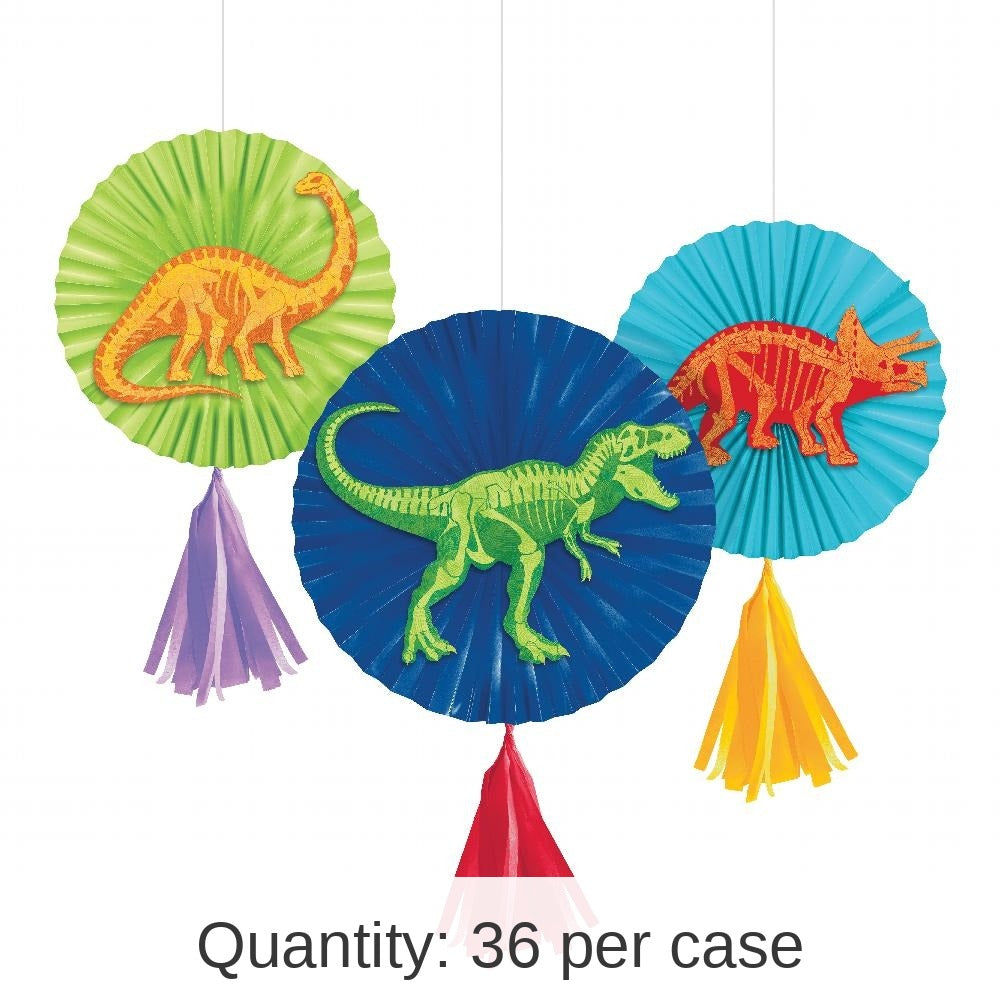 36/Case Bulk Dino Dig Paper Fans w/ Tassels