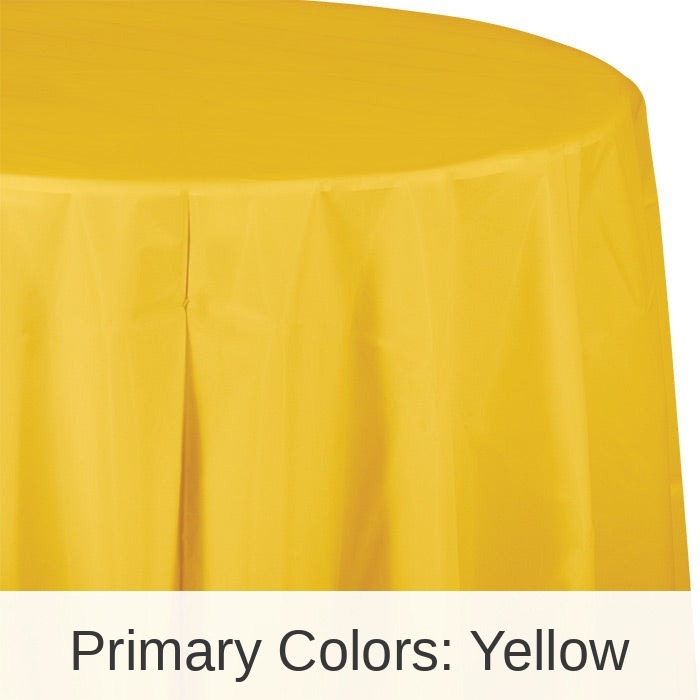 12/Case Bulk School Bus Yellow Round Plastic 82 inch Table Covers