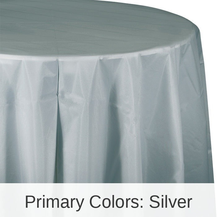 12/Case Bulk Shimmering Silver Round Plastic 82 inch Table Covers