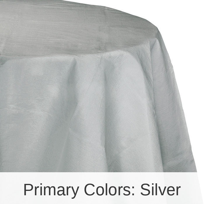 12/Case Bulk Shimmering Silver Round Paper Table Covers 82 inch