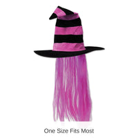 6 Pack Bulk Halloween Witch Hat with Hair - hot pink