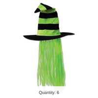 6 Pack Bulk Halloween Witch Hat with Hair - lime green