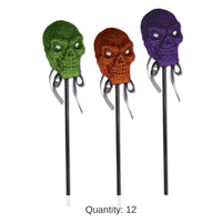 12 Pack Bulk Halloween Glittered Plastic Skull with Stick
