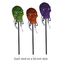 12 Pack Bulk Halloween Glittered Plastic Skull with Stick