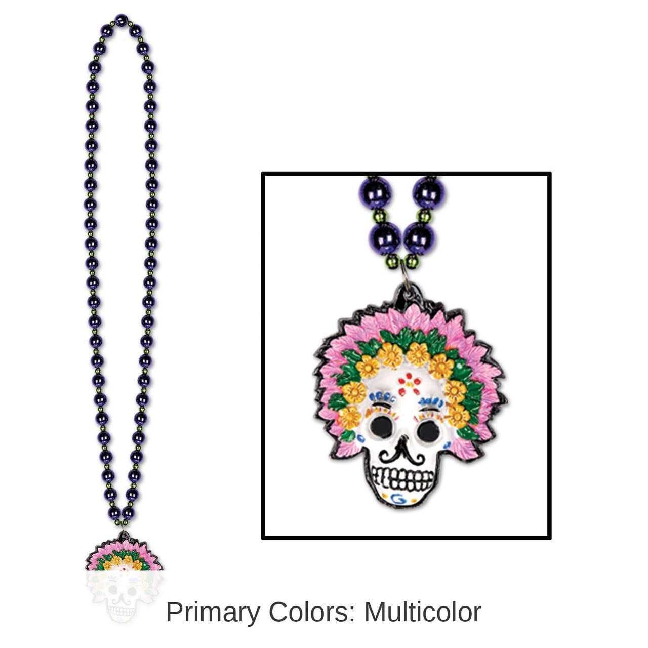 12 Pack Bulk Bead Necklace with Day Of The Dead Medallion