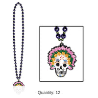 12 Pack Bulk Bead Necklace with Day Of The Dead Medallion
