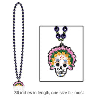 12 Pack Bulk Bead Necklace with Day Of The Dead Medallion