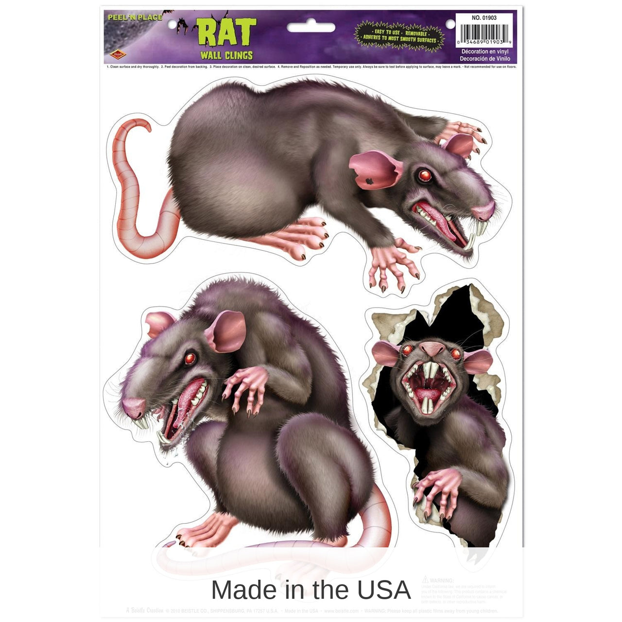 36 Piece Bulk Halloween Rats Peel 'N Place Clings