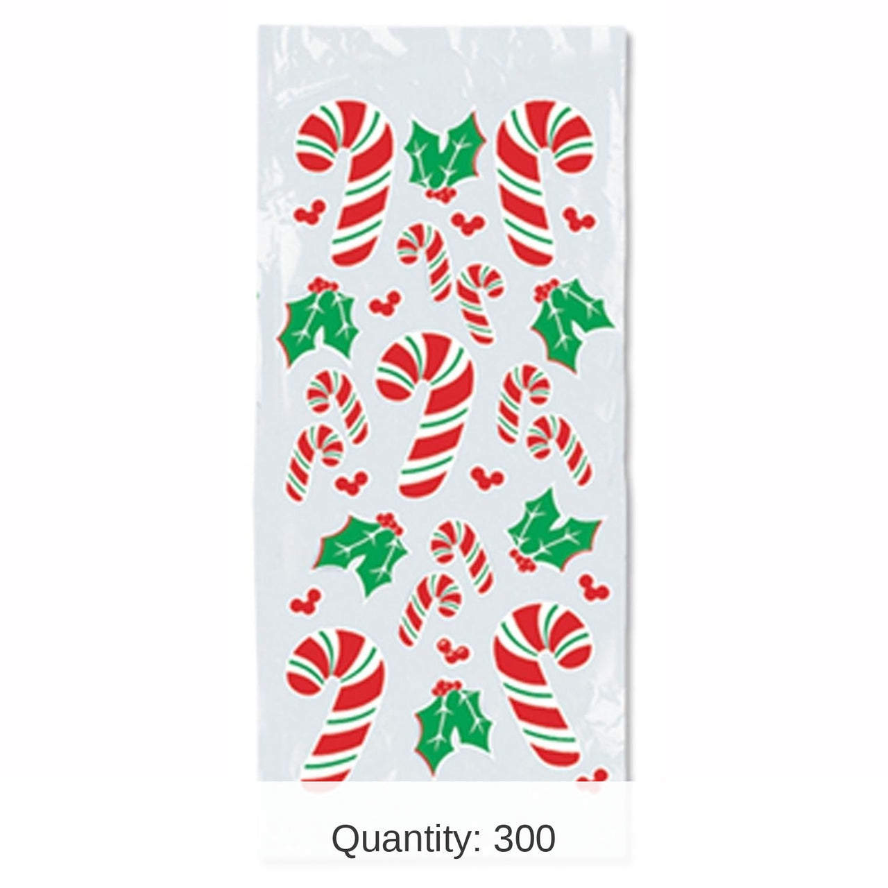 300 Pack Bulk Christmas Candy Cane/Holly Cello Bags