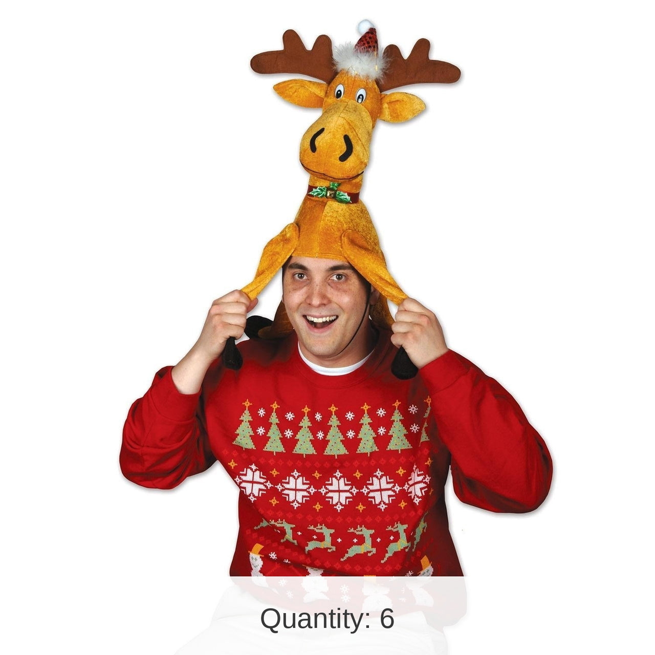 6 Pack Bulk Plush Christmas Moose Hat