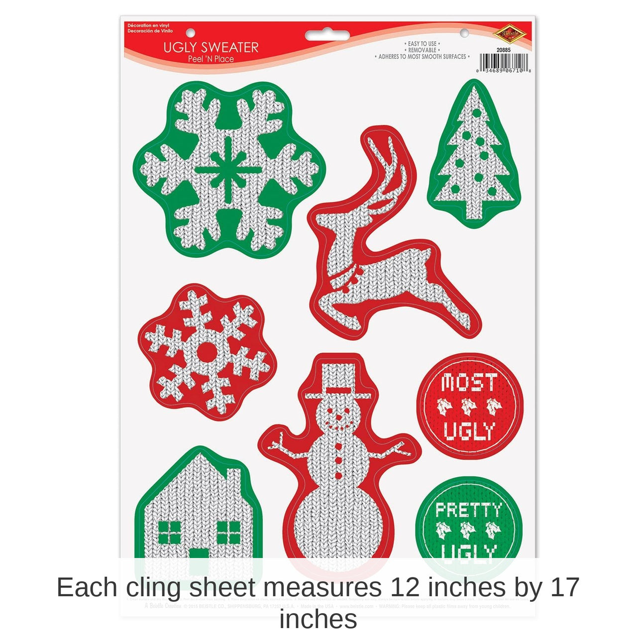 96 Piece Bulk Christmas Ugly Sweater Peel 'N Place Clings