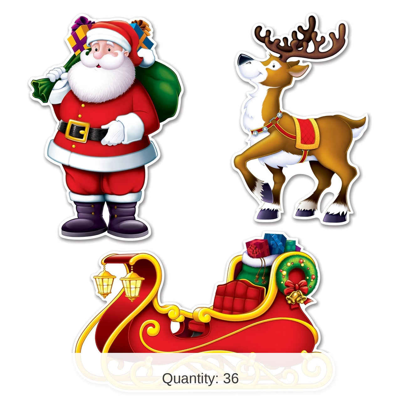 36 Pack Bulk Santa, Sleigh/Reindeer Cutout Decorations