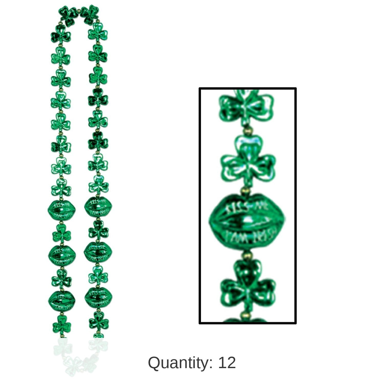 12 Pack Bulk St. Patrick's Day Shamrock Bead Necklaces with Kiss Me Lips