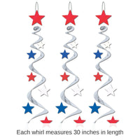 18 Piece Bulk Star Party Whirls silver with red - white - blue stars