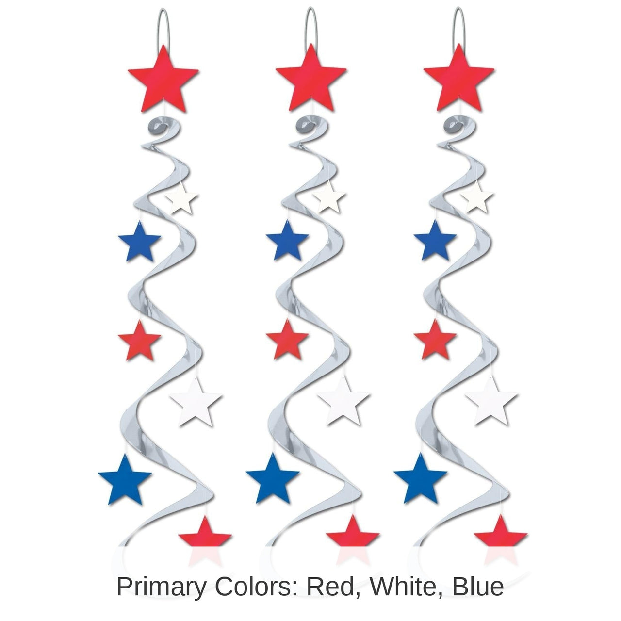 18 Piece Bulk Star Party Whirls silver with red - white - blue stars