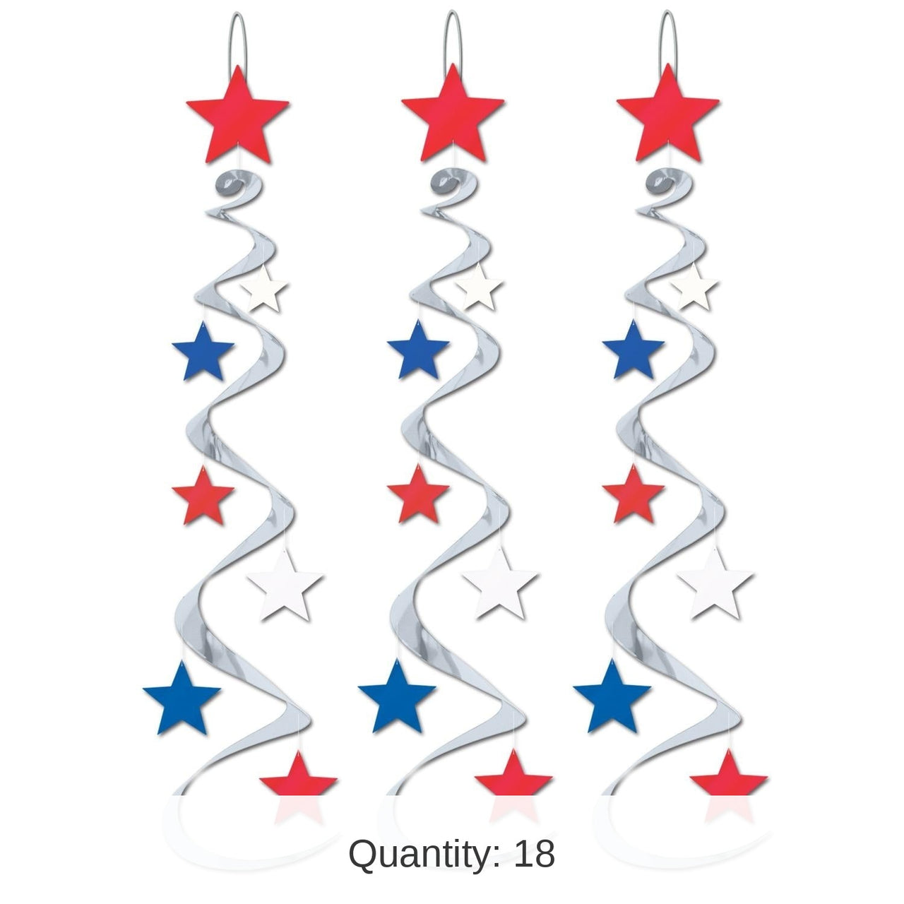 18 Piece Bulk Star Party Whirls silver with red - white - blue stars