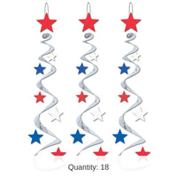 18 Piece Bulk Star Party Whirls silver with red - white - blue stars