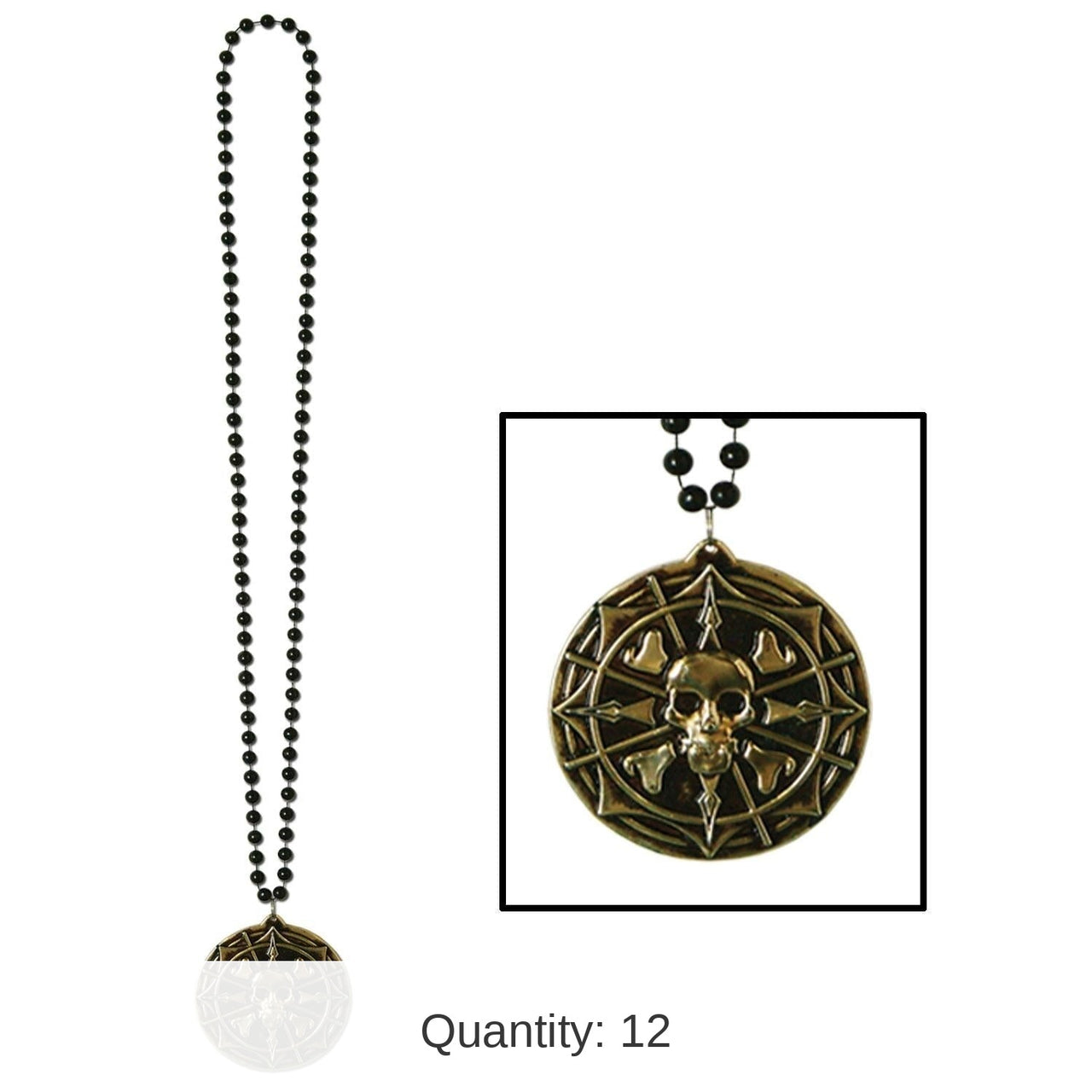 12 Pack Bulk Bead Necklace with Pirate Coin Medallion